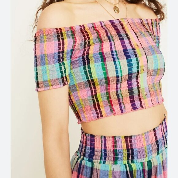 ISO UO Urban Outfitters Madras Check Print Bardot Off The Shoulder Top - Picture 1 of 1